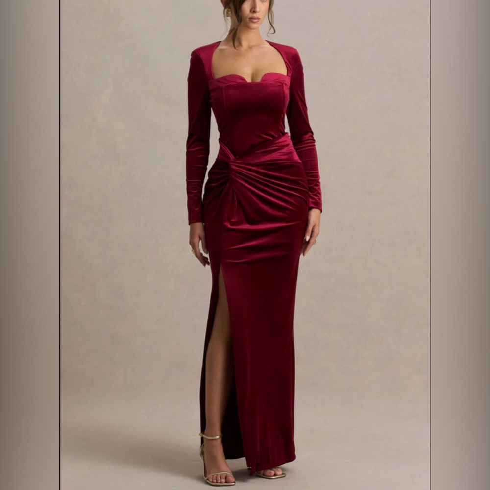 #391 Long-sleeve red velvet maxi dress with a knotted waist detail-Size 8/Medium